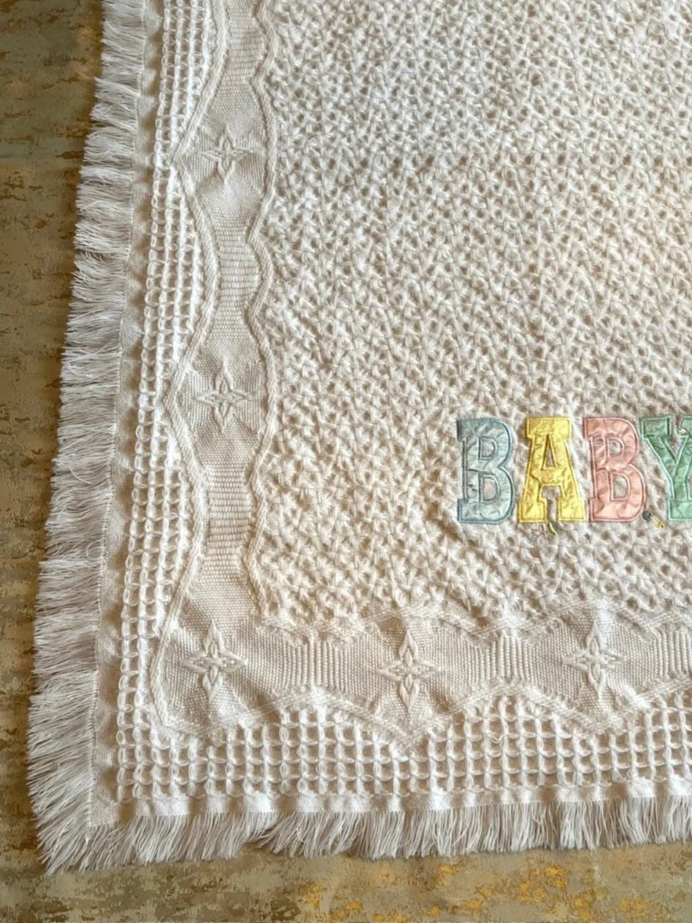 Bright Future Baby Blanket White Fringe Woven Textured Acrylic 33x47 Korea